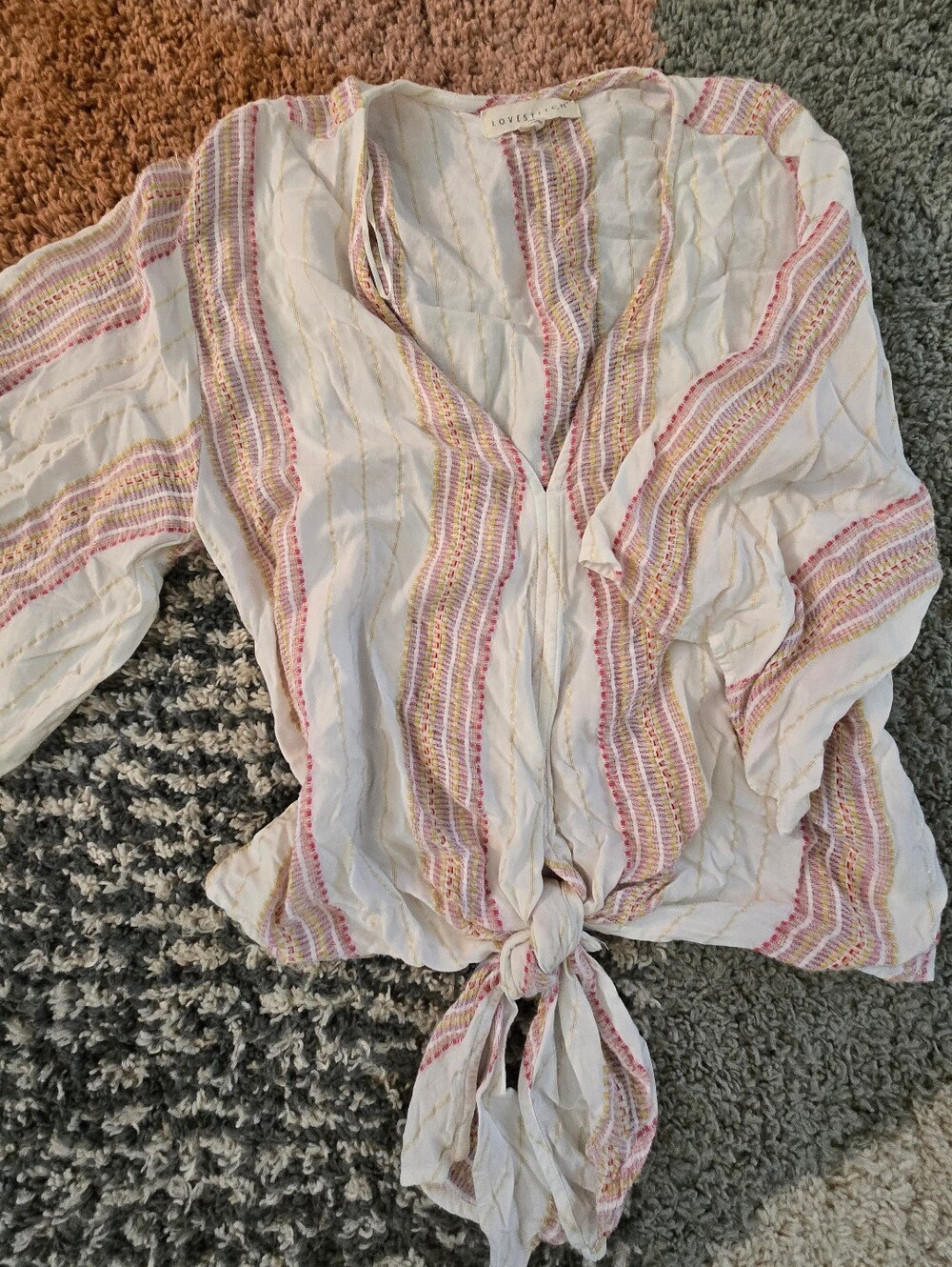 Lovestitch White Blouse with Pink and Tan Stripes Tie-Front